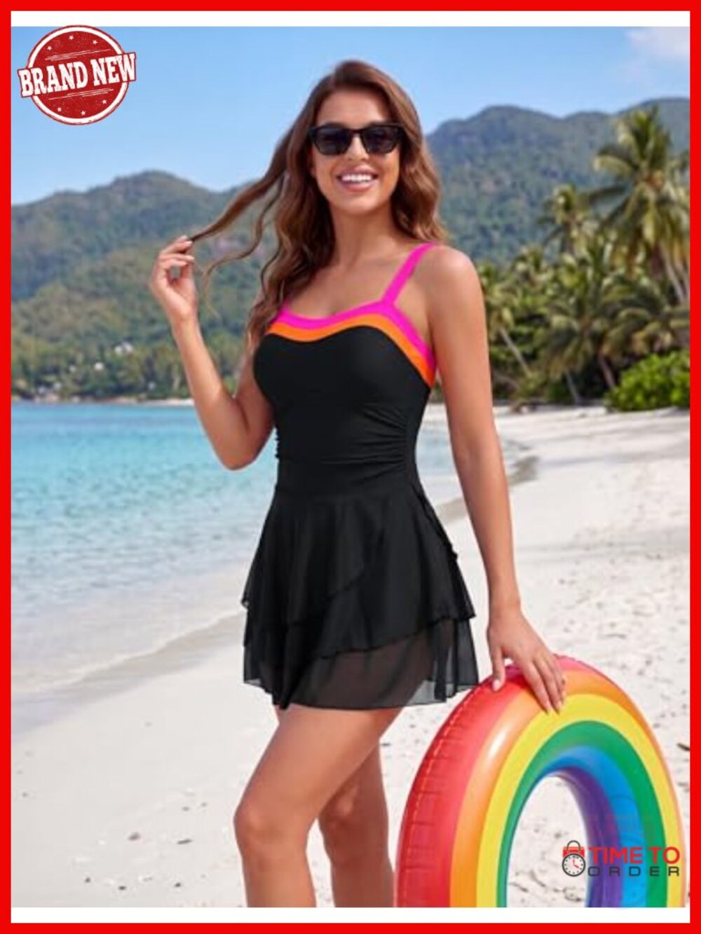 Modest One Piece Swim Dress with Mesh Skirt Tummy Control Ruched - Picture 4 of 6